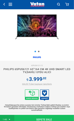 3999₺ | PHILIPS 65PUS6121 65''  SMART LED TV (VATAN)