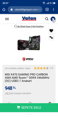 vatan bilgisayar msi x470 gaming pro carbon anakart 948 tl