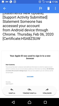 Apple dan gelen şüpheli mail