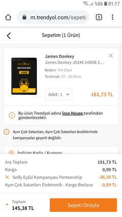 Trendyol James donkey 240gb ssd 145.tl selfy kodu ile