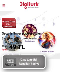 Digitürk Filmin Yıldızı Paketi Web'e özel 12 ay boyunca ayda 49 TL üstelik 12 ay dizi paketi hediye!