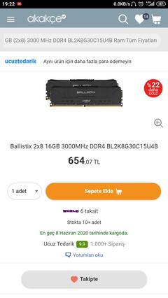 654 TL(kargo dahil) Crucial Ballistix 16GB(2x8GB) 3000MHZ CL15 DDR4 RAM (Micron E-die)