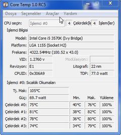  İ5 3570K(Costa Rica) @ 4.4 GHz(1.320v) vs H80İ Prime 95 Testi