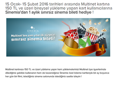  Multinet Kartına 150 TL + Yükleme Yap 1 Aylık Sinemia Üyeliği Hediye - KAMPANYA BİTMİŞTİR !!!!!!!!!!!!!