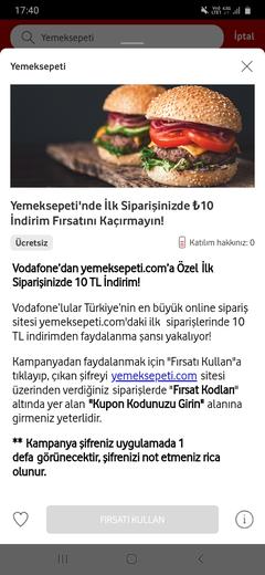 Vodafone yemeksepeti 10 TL kupon veriyor alt limit  yok  (skt 31 Ağustos 2020)