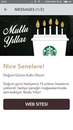 Starbucks doğum günü hediyesi 1 adet içecek