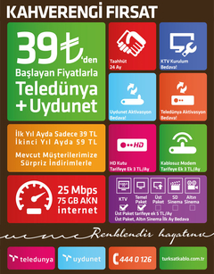  Kablo tv + teledünya(HDve digital yayın)+ 25mbps sınırsız int. Ilk 12 ay 39TL