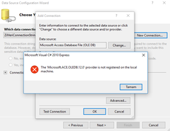 Access 'Microsoft.ACE.OLEDB.12.0' Yerel makineye bağlı değil