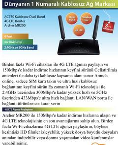 TP-Link MR200 750 Mbps AC Kablosuz 802.11 ac/a/b/g/n Dual Band 3G/4G LTE SIM Kart Girişli Router