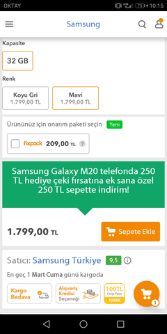 Samsung Galaxy M20 (1199* TL) 250 SEPETTE İNDİRİM + 250 TL HEDİYE ÇEKİ+100 TL AXESS'E ÖZEL CHİP PARA