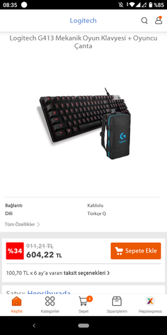 Logitech G413 Silver Klavye + Çanta 590TL