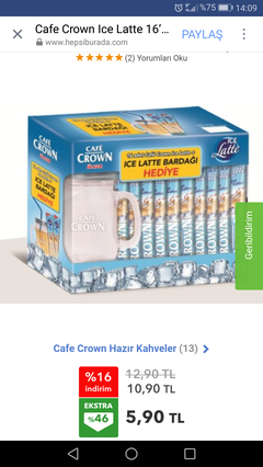 Cafe crown 16'lı Ice latte, bardak hediyeli 5.90(Hepsiburada)