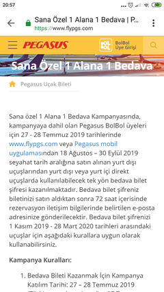 Pegasus 1 bilet alana 1 bilet bedava 2019