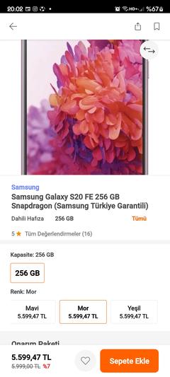 Samsung Galaxy S20 FE 256 GB Snapdragon 5600TL !!!