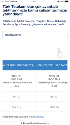 Turk Telekom 12gb,1000dk,1000sms: 72TL (4.23TL vergi hariç)(Cumhurbaşkanlığı Personel Tarifesi)