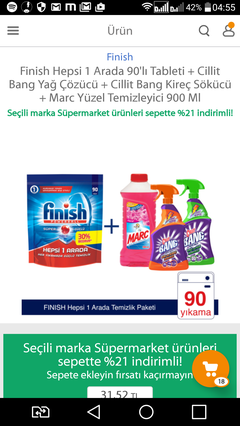 Hepsi burada baya ucuz gibi geldi.finiş 90 lı+temizlik paketi 31.93