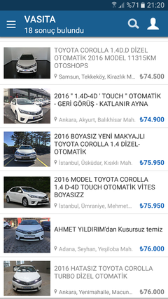 2016 dizel otomatik corolla sifir ve 2.el fiyat farki