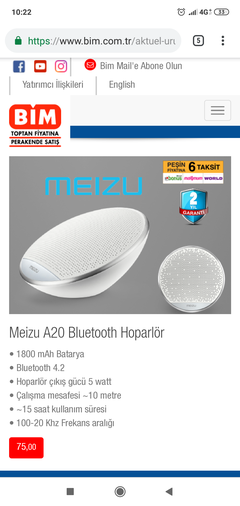 Meizu A20 Bluetooth Hoparlör 75 ₺ (8 Martta BİM'de)