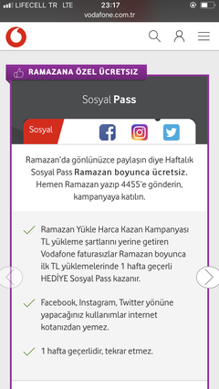 Vodafone Ücretsiz Sosyal Pass Sadece 1 haftalık ( Ramazan Süresi İçerisinde )