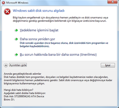  Windows sabit disk sorunu algıladı