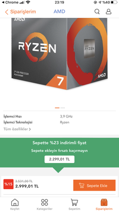 2.299,01 TL -- AMD Ryzen 7 3800X 3,9GHz 36MB Cache Soket AM4 İşlemci