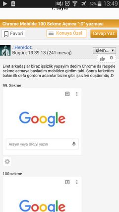  Chrome Mobilde 100. Sekmede ':D, :), xD' yazması