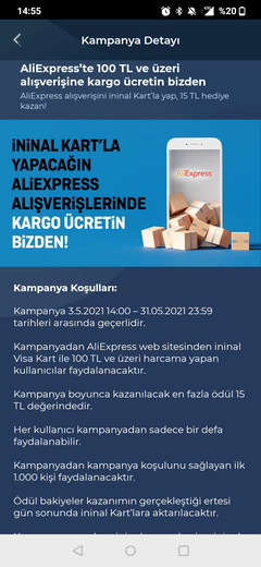 İNİNAL, ALİEXPRESS 100 TL HARCAMAYA 15 TL HEDİYE