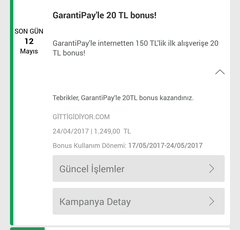 Garanti pay ile 150/20 TL  bonus