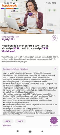 Kombo>Hepsiburada world pay ile 500e 75, 1000e 100 puan ve hb de 75e kadar puan