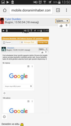  Chrome Mobilde 100. Sekmede ':D, :), xD' yazması