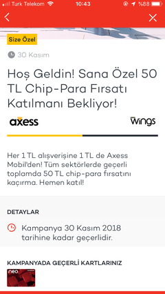 Akbank Neo Her 1 TL alışverişe 1 TL chip para ( Kişiye Özel ) 