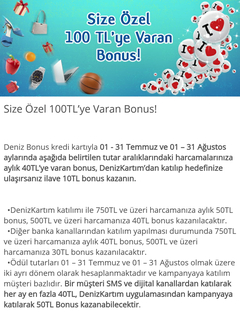 Denizbank Denizkartım 100 TL Bonus(Kişiye Özel Olabilir)