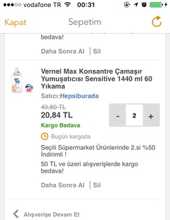 2 adet 1440 ml 60 yıkama vernel 20,84 (kampanya bitti)