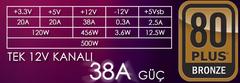 Cooler Master G500 500W 80+ Bronze 38A Single Rail Aktif PFC 120mm Fanlı Power Supply (RS500-ACAAB1-
