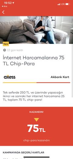 Axess internet alışverişi harcamalarına 75 tl chippara(Şubat)
