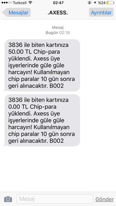 Axess Mobil e özel 4*100e 50 çip 30 kasıma kadar. 