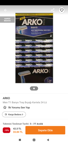 ARKO MEN T1 BANYO TRAŞ BIÇAĞI 24'LU PAKET 2,20 TÜKENDİ