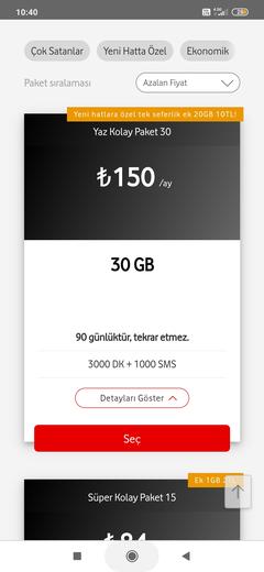 Vodafone Yaz Kolay Paket 30 (3 aylık paket ) 150tl
