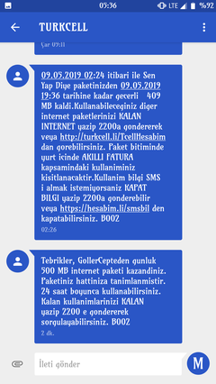 "500 MB internet kazandınız" mesajı, internet paketlerinde gözükmüyor.