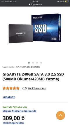 Gigabyte 240 GB SSD 309 TL 🔥