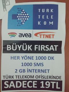  AVEA HER YÖNE 1000 Dk 1000 SMS 2GB 19 TL (TTNET - Türk Telekom)