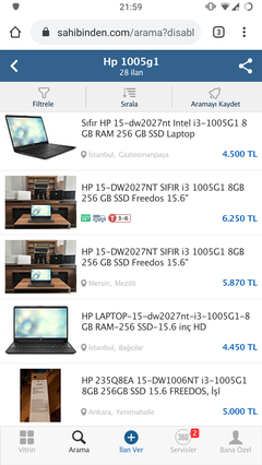 Amazon HP Laptop - 15-dw2027nt, Intel Core i3-1005G1, 8 GB RAM, 256 GB SSD, 15.6 inç HD. 3700 tl
