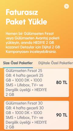 Türkcell den faturasız 25 - 30 gb paketler