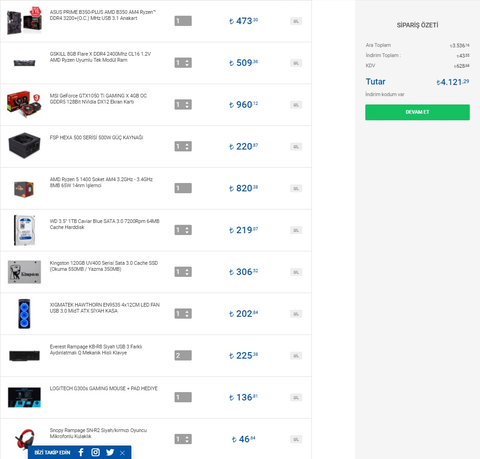 RYZEN 5 1400 - MSI 1050 TI GAMING X TERTEMİZ HAZIR SİSTEM