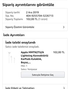 Bitti— Apple MMTN2TU/A Lightning Konnektörlü EarPods Kulaklık, Beyaz, Apple Turkiye Garantili 101 TL