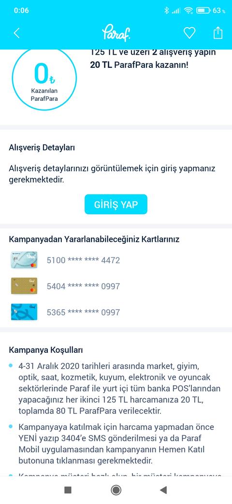 Paraf Yılbaşı ikinci alışverişe 20 toplam 80 Lira Paraf