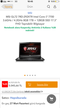 SATILIK MSİ-GL72 7RD-292XTR i7 7700 4.2ghz nvidia 1050gtx