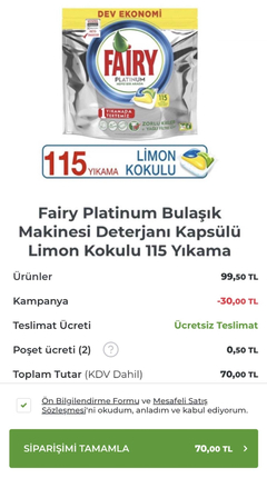 İstegelsinde Fairy platinum 115'li 70 TL