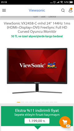 Viewsonic VX2758c-mh (27inç, VA panel, 144hz, 5ms) 1500tl