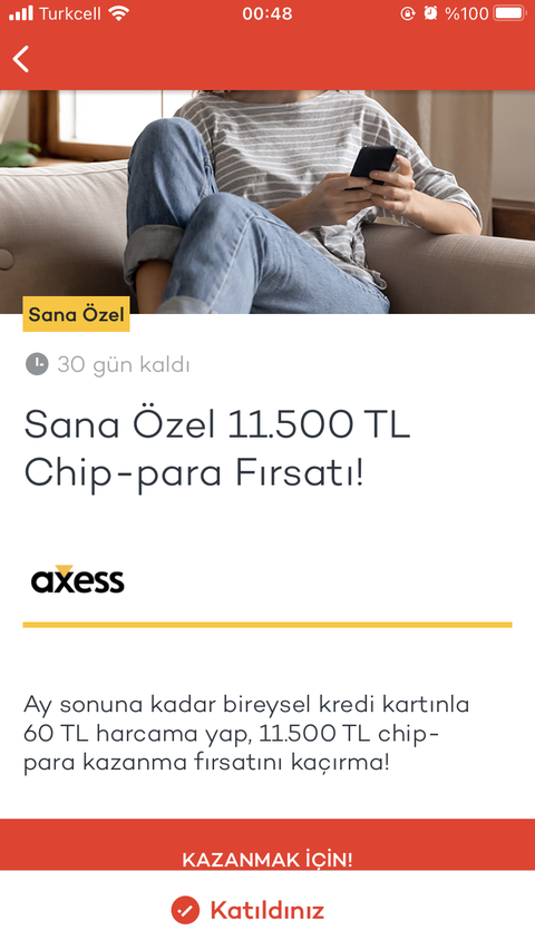 Axess 30 TL harcamaya 700 Chip para kazanma fırsatı(kişiye özel)